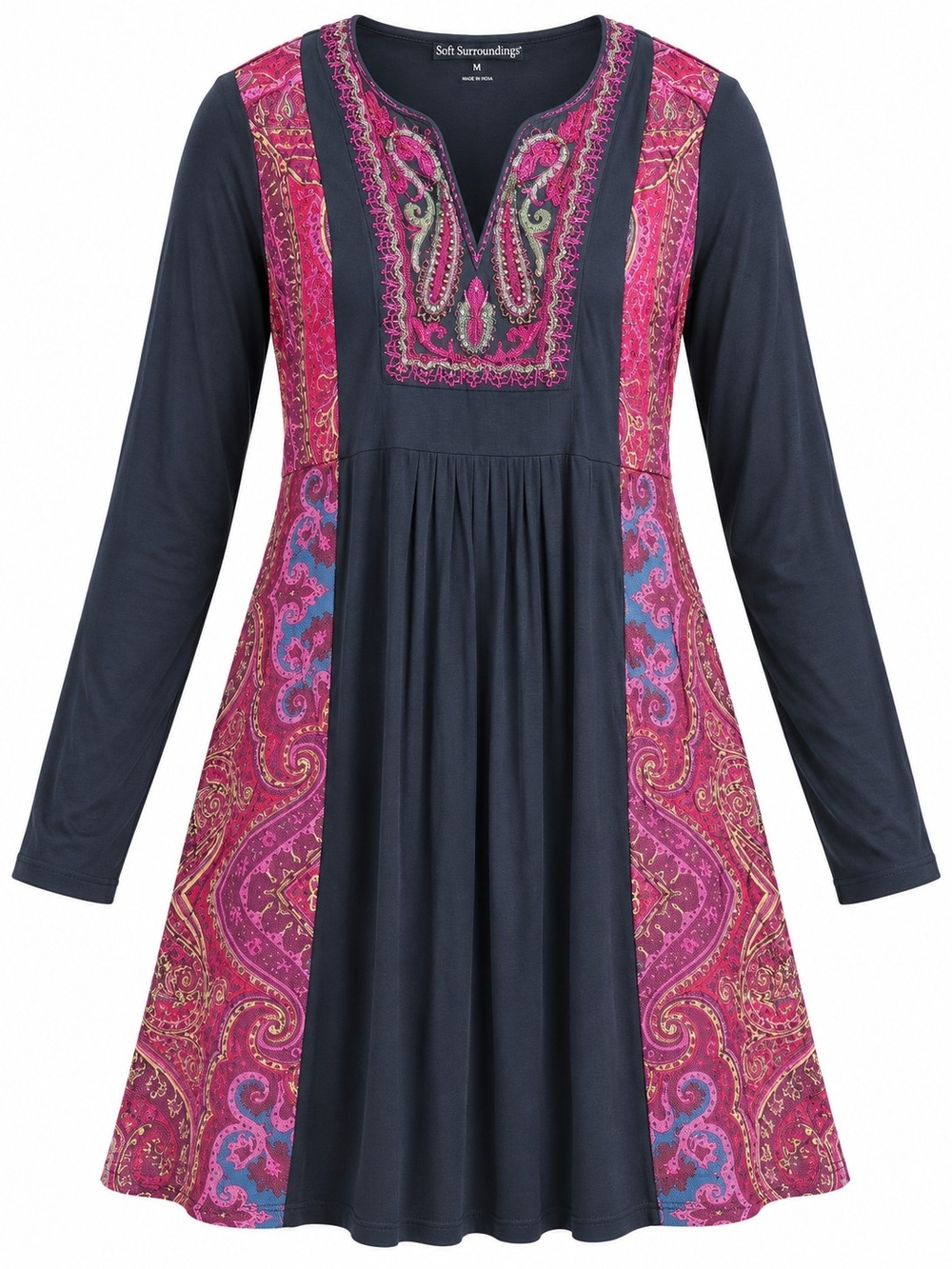 SOFT SURROUNDINGS | Paisley Mixed Media Beaded Boho Tunic Dress Long Sleeve | M
